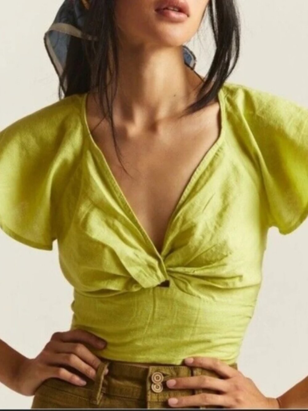 Anthropologie | Linen Blend Twist Front Smocked Top Lime Green Sz S